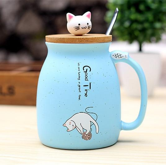 Cartoon Ceramics Cat Mug With Lid and Spoon