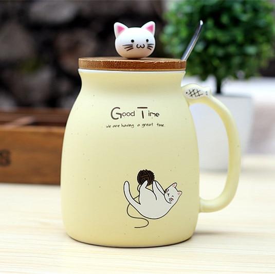 Cartoon Ceramics Cat Mug With Lid and Spoon