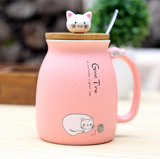 Cartoon Ceramics Cat Mug With Lid and Spoon