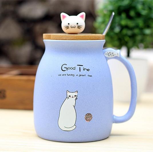 Cartoon Ceramics Cat Mug With Lid and Spoon